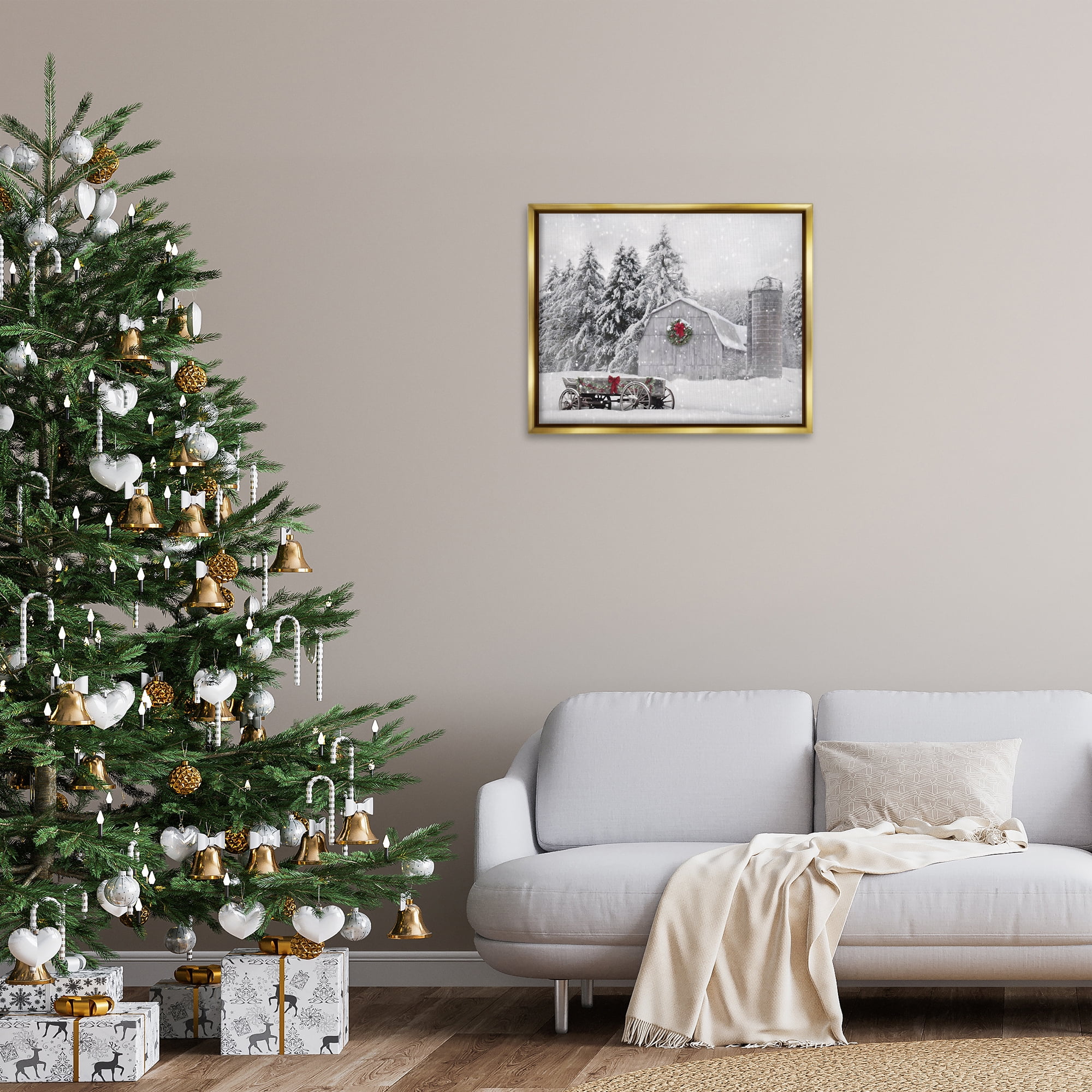 Stupell Industries Snow Covered Farmland Holiday Painting Gold Floater Framed Canvas Art Prints Wall Art, 31 x 25