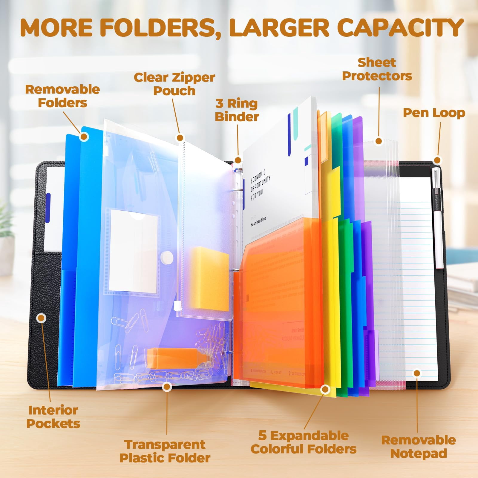 3 Ring Binder Clipboard With Storage 12.4"x10.2"magnetic Folder 5 Expandable Folders Refillable Lined Notepad (11" X 8.5") Ideal For School Office Nursing(black)