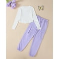 thumbnail image 3 of Kucnuzki 7 Years Big Girls Outfit Sets 8 Years Girl Winter Clothes Long Sleeves Knitted Top Butterfly Crop Tops Solid Color Cargo Pants Set 2pcs Kid Child Warm Clothing Purple, 3 of 9