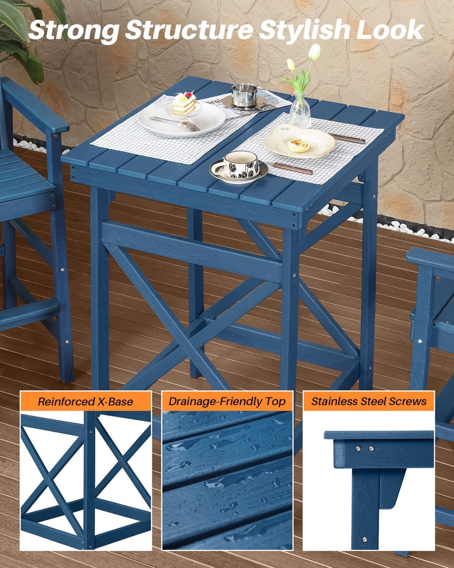 3-Piece Adirondack Bar Table Set, HDPE Outdoor Bar Height Chairs and Table Set, All Weather Patio Bar Furniture for Balcony, Porch, Garden, Poolside, Navy