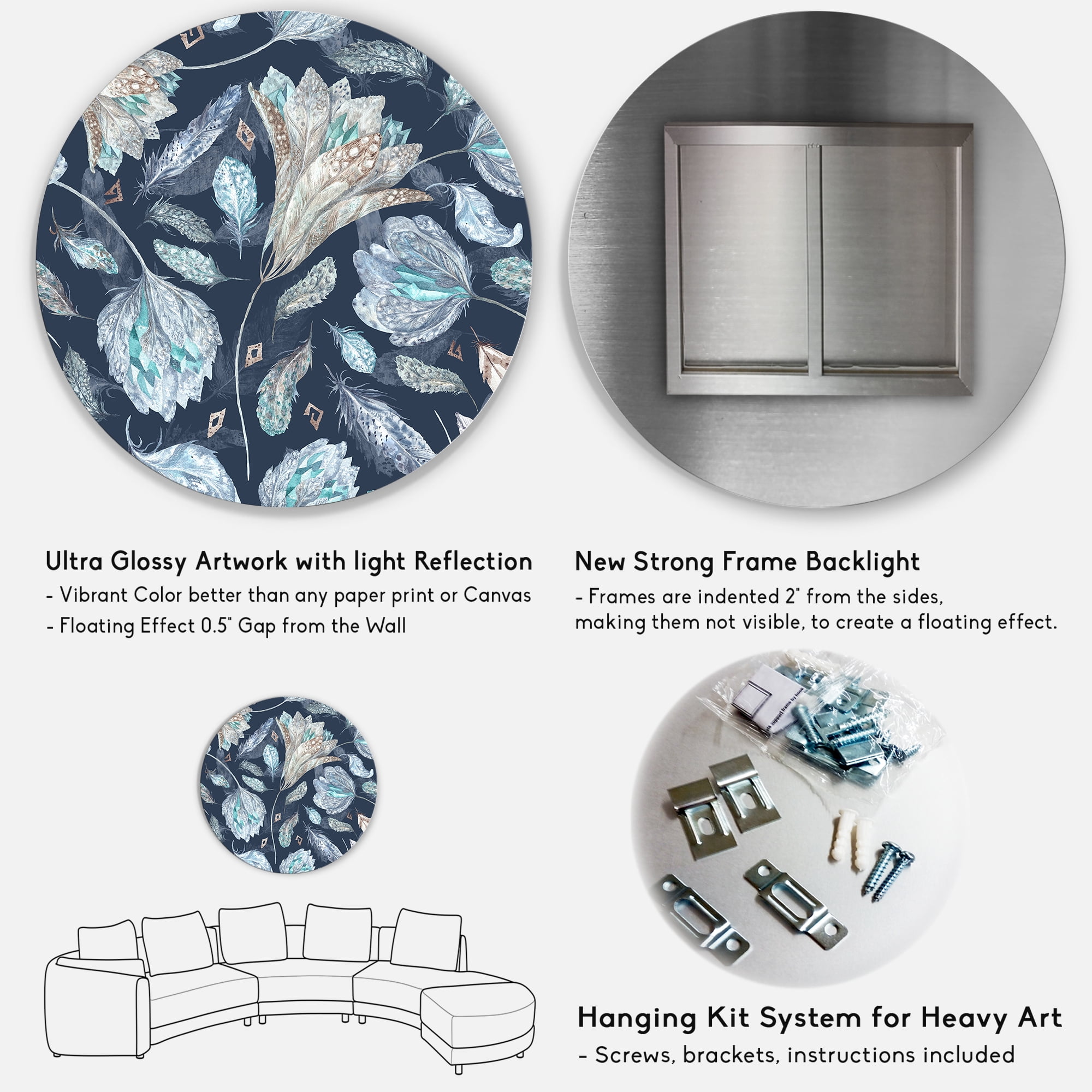 Designart 'Navy Blue Botanical Pattern With Feathers' Traditional Circle Metal Wall Art 11x11 - Disc of 11