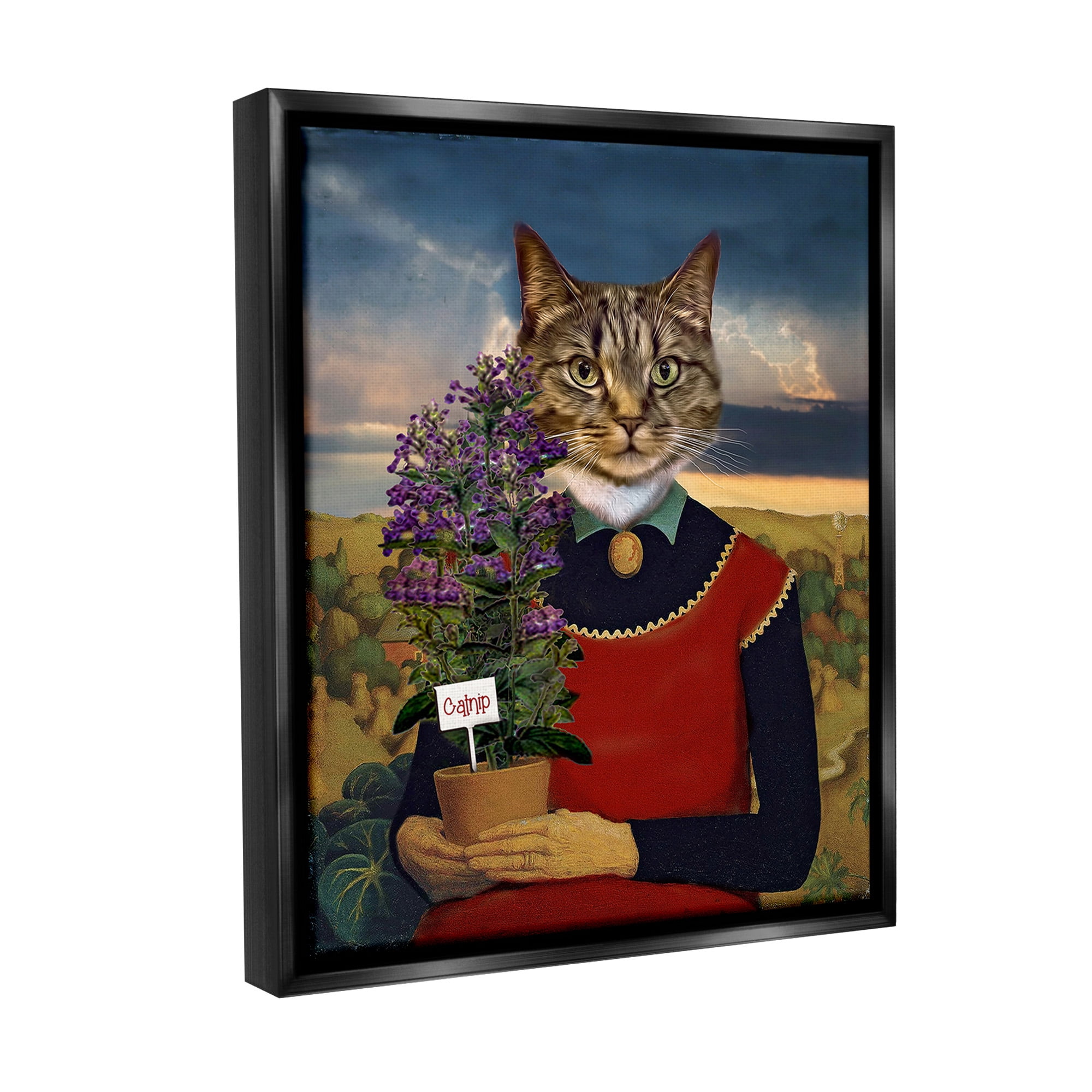 Stupell Industries Gardening Cat with Catnip Animals & Insects Painting Black Floater Framed Canvas Art Print Wall Art, 25 x 31