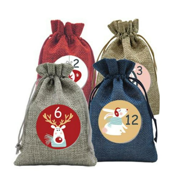 JINSIJU Christmas Tree Pendant 24 Countdown Linen Gift Bag DIY Clips Stickers for Gift