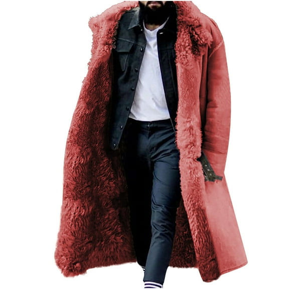UTTOASFAY Men Coats Clearance Men Casual Solid Winter Turndown Keep Warm Single-Breasted Windbreaker Thicken Over the Knee Overcoat Coat Rollbacks Red 10(Xl)