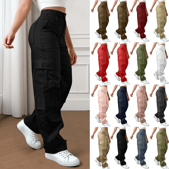 Dvprdro Women's Stretch Workwear Cargo Pants Outdoor Hiking Casual Work Pants Trendy Elastic Waist with Button Zipper Jogger Trousers