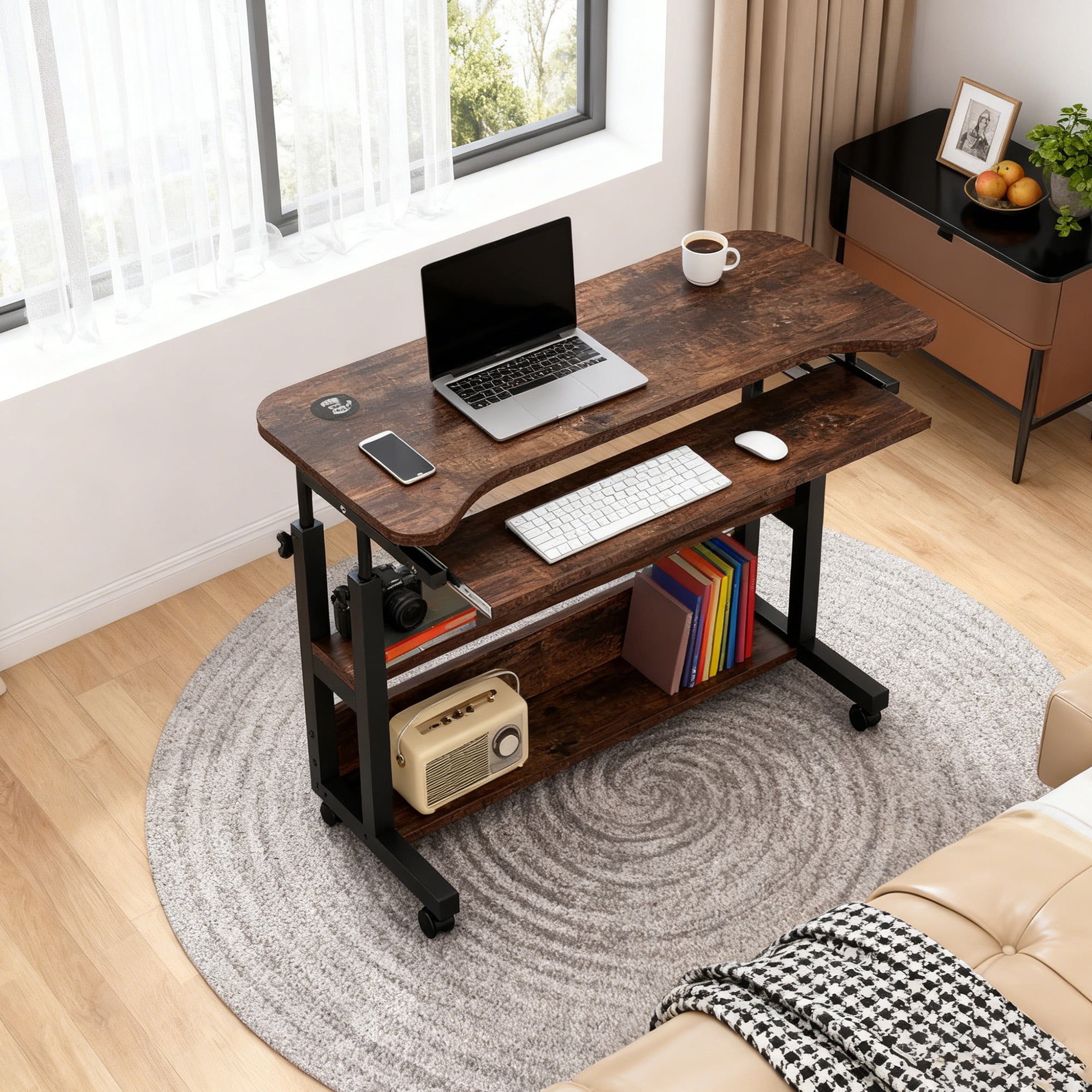KIOOTTO Height Adjustable Mobile Desk with Power Outlet, Wireless Charging, Keyboard Tray and Locking Wheels, Walnut