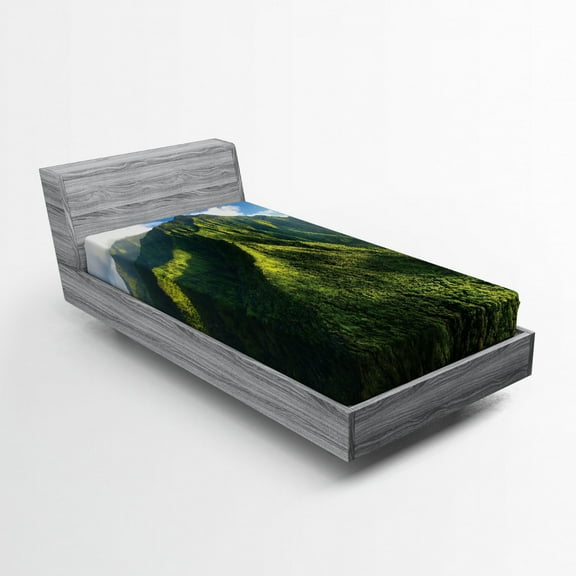 Ambesonne Mountain Fitted Sheet, Exotic Hawaii Nature, Twin XL Size, Green Blue White
