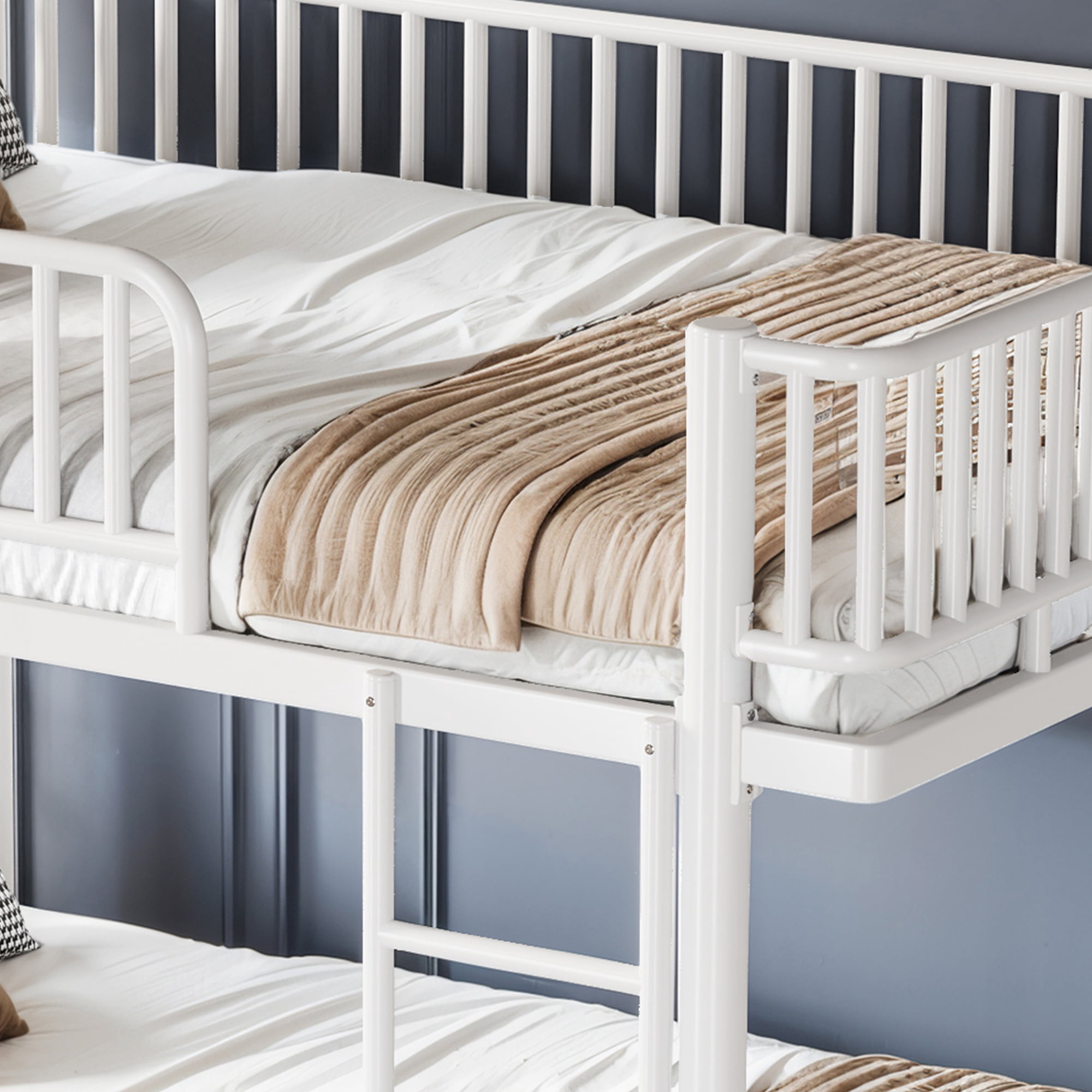 Queen over Queen Bunk Bed with Ladders and Guardrails, Metal Bunk Bed Frame Convertible into 2 Separate Platform Beds for Bedroom All Ages, No Box Spring Needed, White