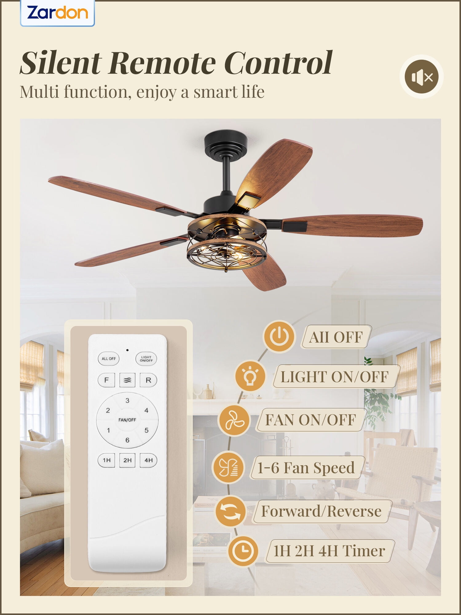 Zardon 52 Inch Farmhouse Ceiling Fan with Light and Remote Control, Quiet Reversible DC Motor, Closed Cage-like Shade, Dual-Finish Blades for Indoor