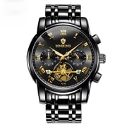 Mens Business Quartz Watch, Blue Dial Gold Tone, Stainless Steel Band, Waterproof Chronograph Wristwatch with Date