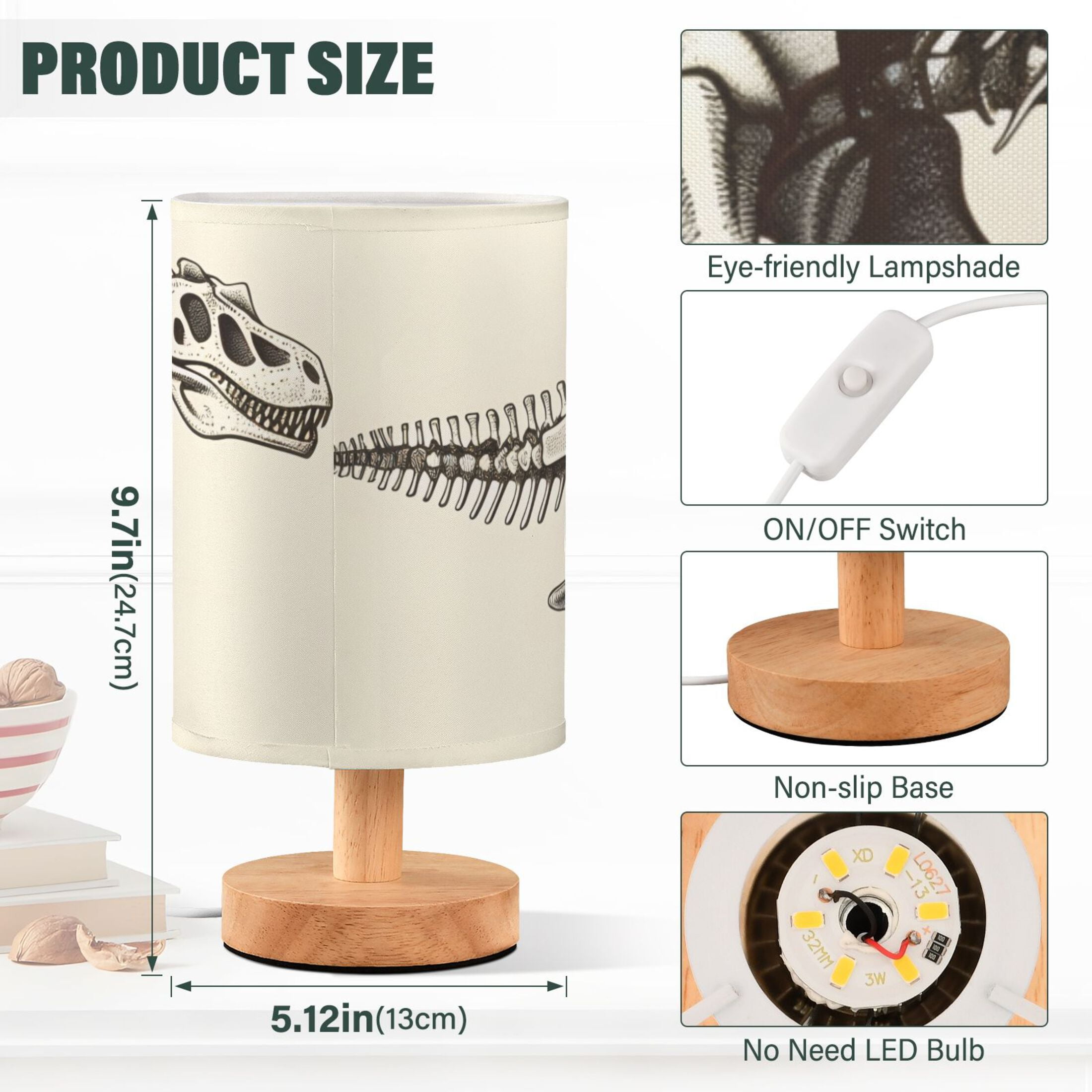 Dinosaur Skeleton Table Lamp USB Bedside Desk Nightstand Lamp Printed Gifts Small Lamp Wood Base for Bedroom Living Room Kids Room College Dorm