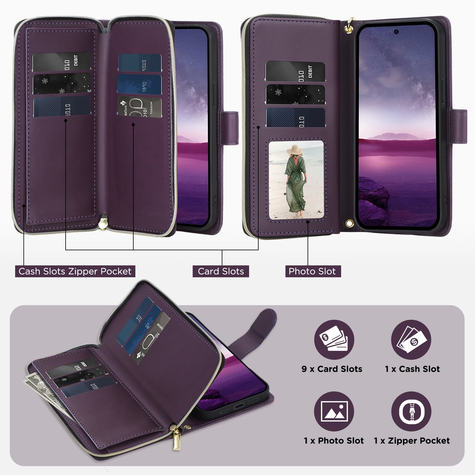 for Samsung Galaxy S25 FE Crossbody Wallet Case with 9 Card Holders, Cash Slot, Photo Slot, Zipper Pocket PU Leather Magnetic Snap Wallet Phone Case with Flip Stand & Wrist Strap & Lanyard,Darkpurple