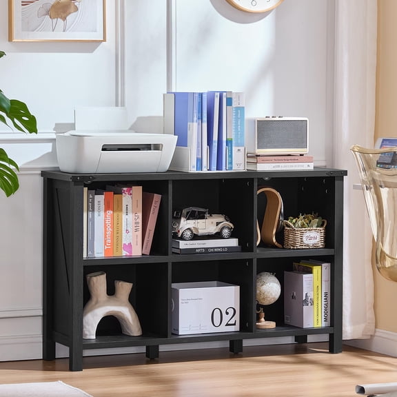 6 Cube Storage Organizer 47 Inch Farmhouse Wood Low Bookshelf Horizontal Open Shelf Bookcase Cubby Console Cabinet For Living Room Entryway Office Navy Blue
