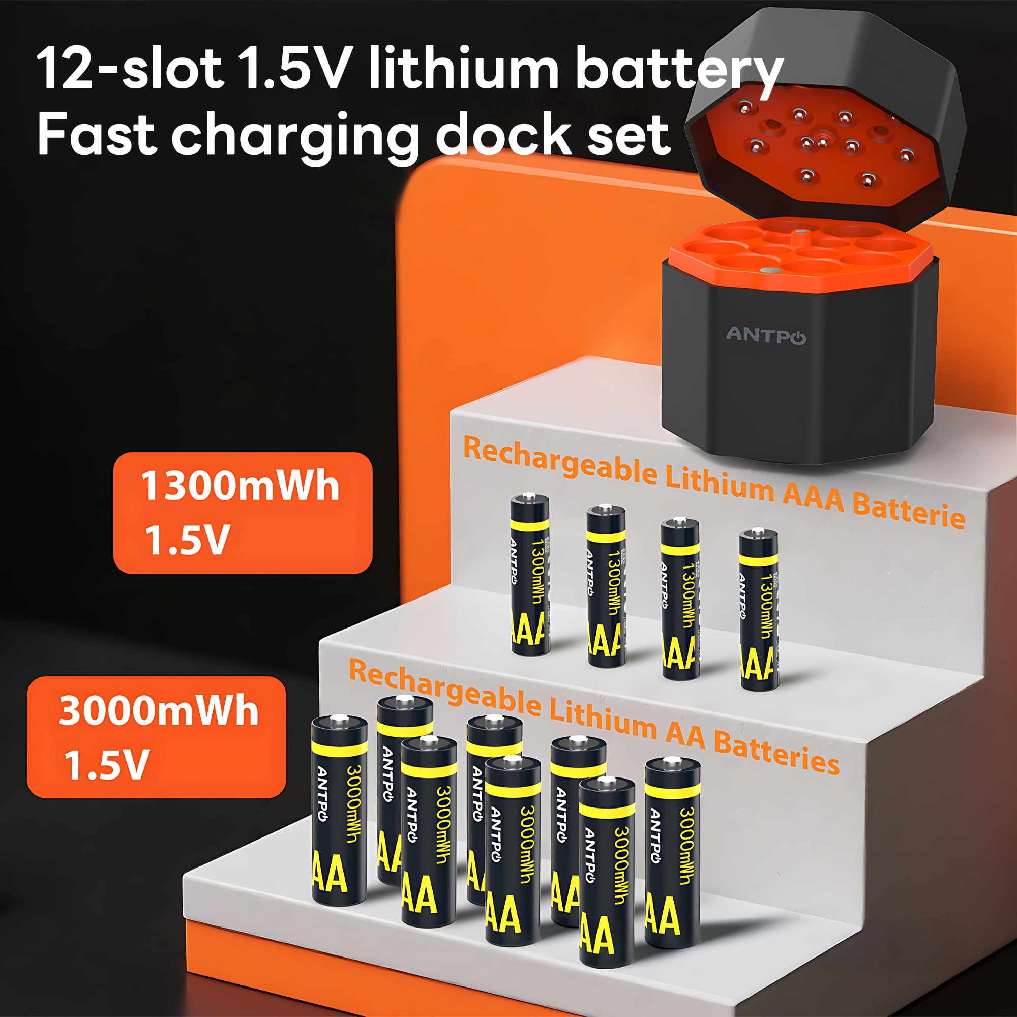 Pecham 12 Pack Rechargeable AA & AAA Batteries with Fast Charger, 3000mWh 8 AA & 1300mWh 4 AAA Batteries, 1.5V Rechargeable Li-ion Batteries with 2000+ Cycle Times for Camera, RC Toys