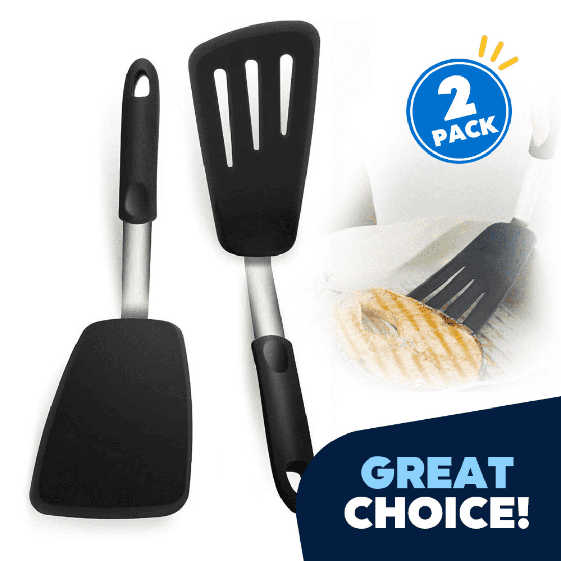 Flexible Kitchen Spatulas for Cooking and Grilling Daily Kitchen Spatula Set Heat Resistant Silicone and Stainless Steel 2-Piece Set Grill Turners Turner Spatulas Rubber Grip Egg Flippers 