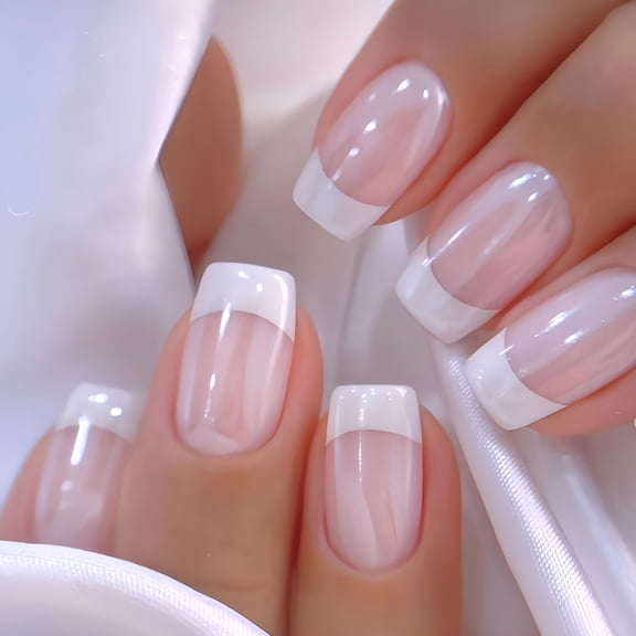 SELVORIA Medium Press on Nails Square White French Tip False Nails with Glitter Design Cute Fake Nails Light Pink Full Cover Nails Press Ons Glossy Glue on Nails for Girls And Women 24Pcs