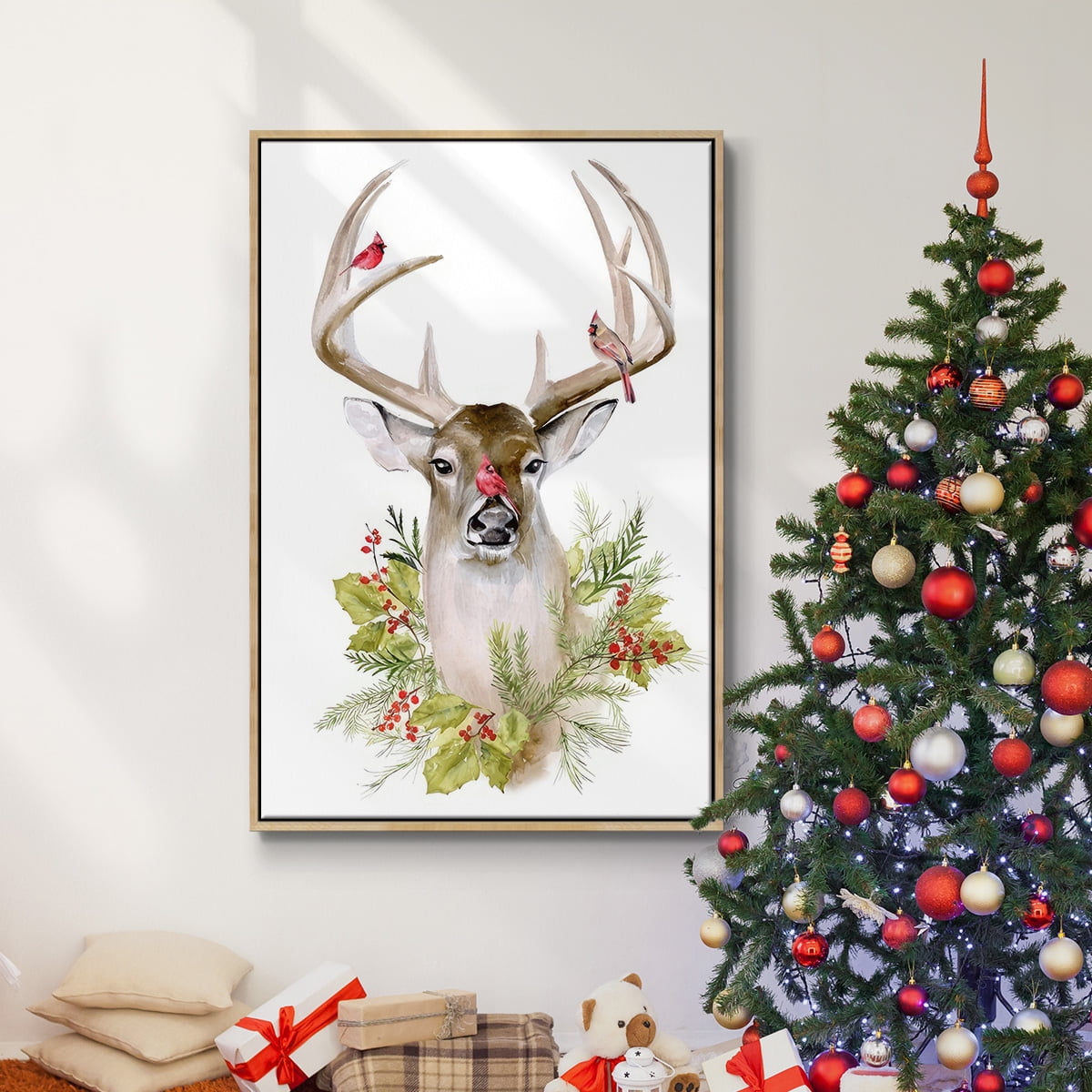 Holiday Deer Collection B - Framed Gallery Wrapped Holiday Canvas - 17 x 25 - Natural Wood Frame