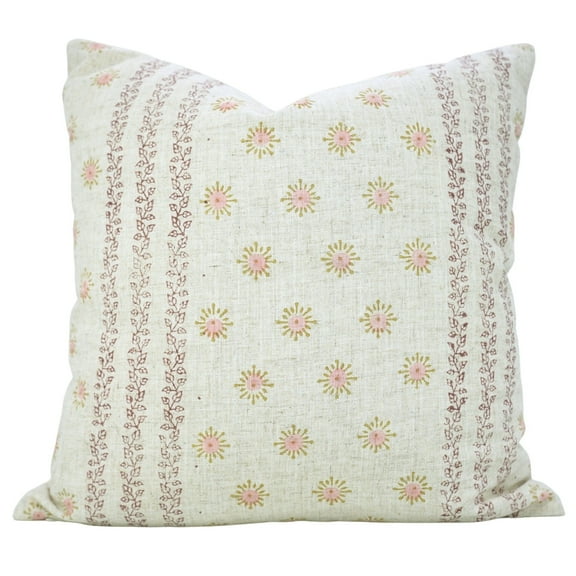 Fabdivine “Happy Bloom” Cushion Cover – Pink & Peach Floral Block Print in Viscose Linen, Indian Handmade Pillow for Farmhouse Style