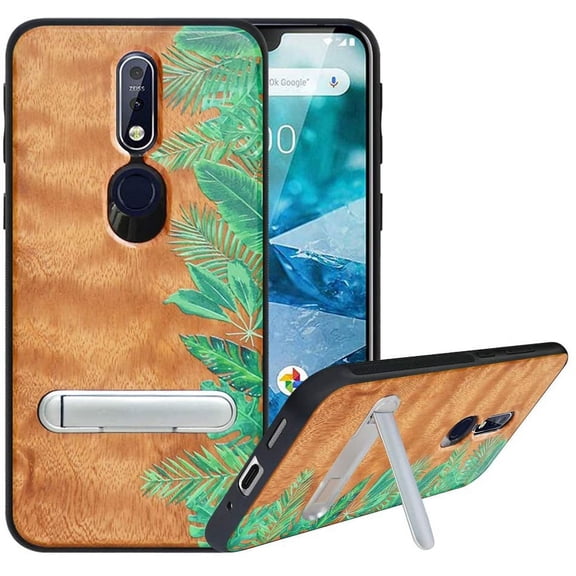 Labanema Nokia 7.1 2018 Case, Nokia 7.1 2018 Cover with Metal Kickstand, Natural Wood TPU Cover, Anti Scratch Case for Nokia 7.1 2018 (Rainforest)