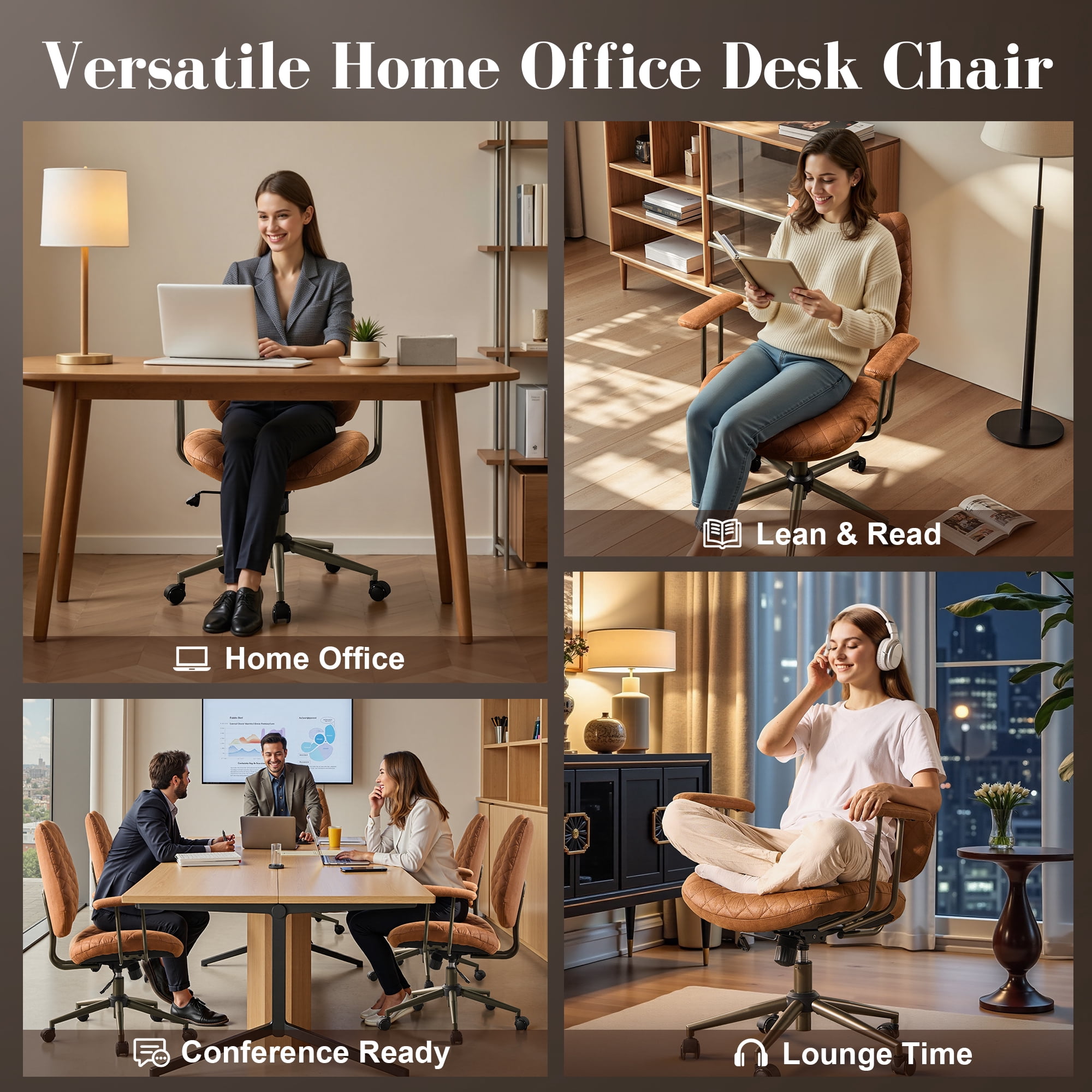 Toject Leather Office Chair, Mid Back Home Office Chair with Lumbar Support, Ergonomic Computer Chairs, Executive Desk Chairs with Thickened Cushions, Task Chairs for Office, Suede Leather, Brown