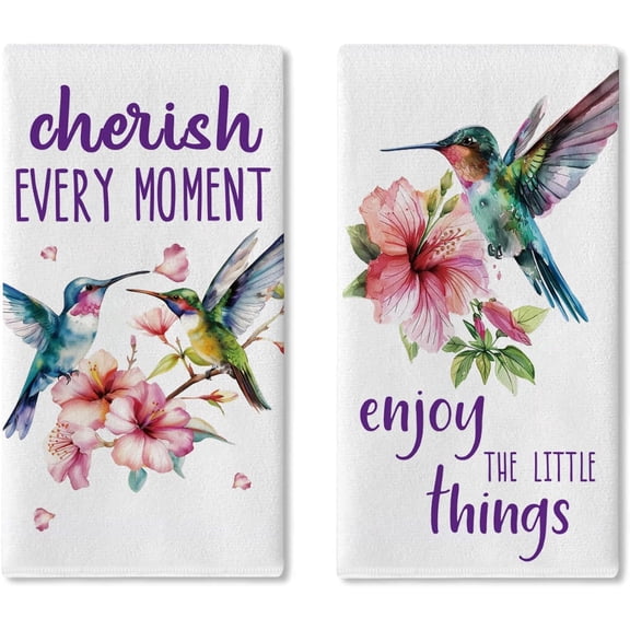 Spring Summer Hummingbird Floral Kitchen Dish Towels Set of 2, Inspirational Hibiscus Flower Drying Hand Towel Baking Cooking Cloth, Enjoy The Little Things Bathroom Home Decoration 18'' x 26''