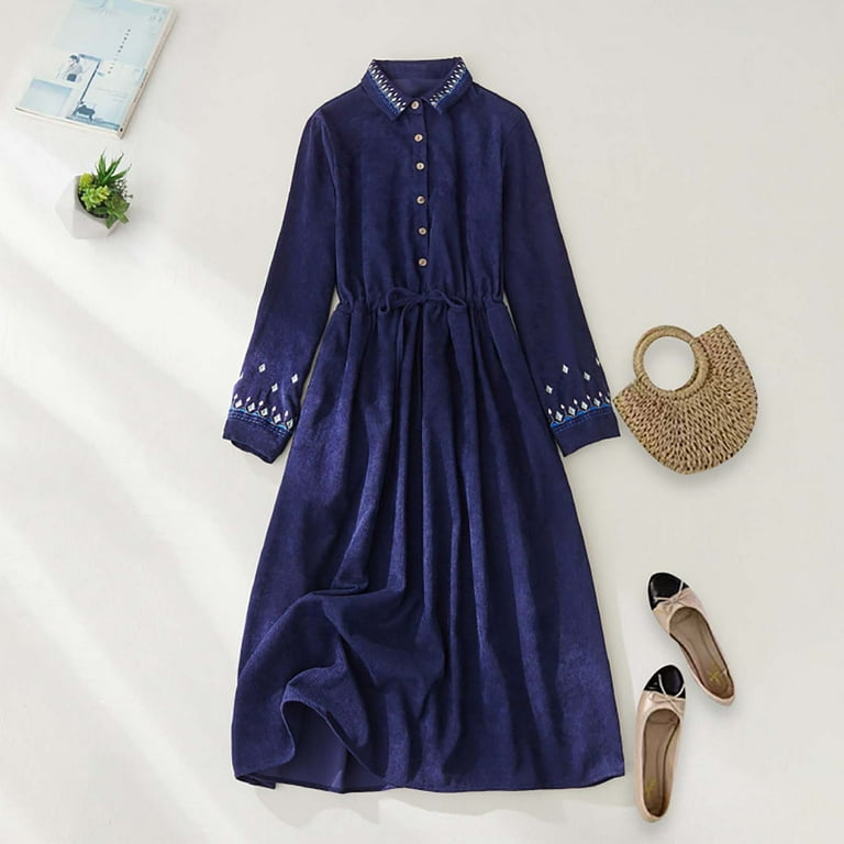 cord dresses for ladies HOTIAN Women's Corduroy Long Sleeve Shirt Dresses Button Down Belts Tunic Dress Brown at Amazon Women's Clothing store
