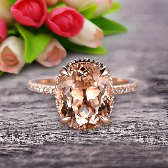 1.75 Carat 8x6mm Oval Cut Morganite Engagement Ring Wedding Ring Anniversary Gift On 10k Rose Gold Filigree Retro Vintage Floral Set