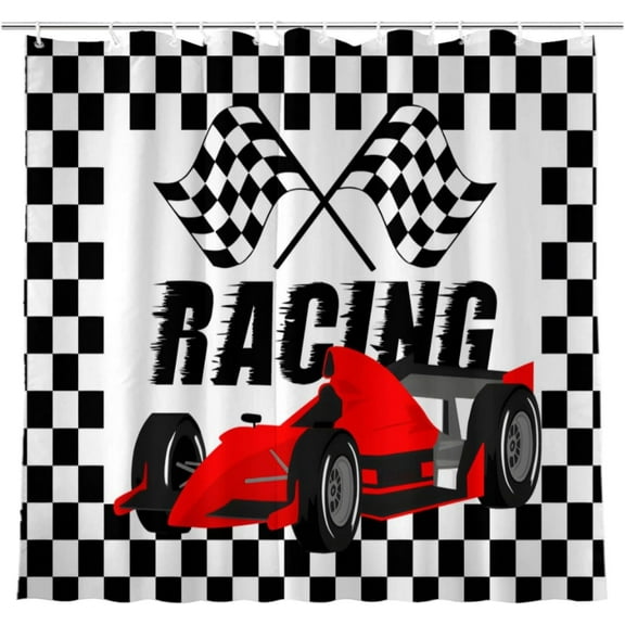 Racing Shower Curtain for Kids Bathroom, Racing Flag Car Black and White Grid Chessboard Birthday Shower Curtain Set Waterproof Fabric Bathtub Curtain Art Decor with 12 Hooks, 72x72 inches
