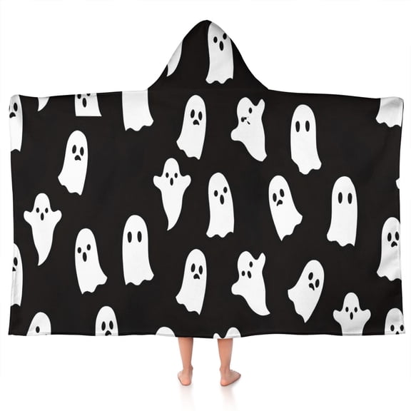 Black Halloween Ghosts Hooded Bath Towel，50"x30" for Ages 3 To 12 Kids, Quick Dry Lightweight Soft Microfiber Hood Beach Towel Cover Up for Kids