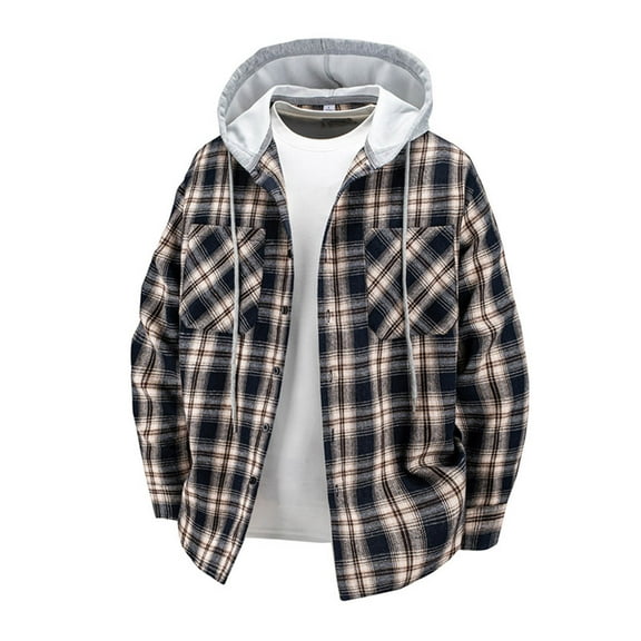 RongHuan Men's Big and Tall Flannel Hoodie Shirts Casual Button Down Plaid Shirt Jackets for Men Long Sleeve Hooded Coats with Pocket
