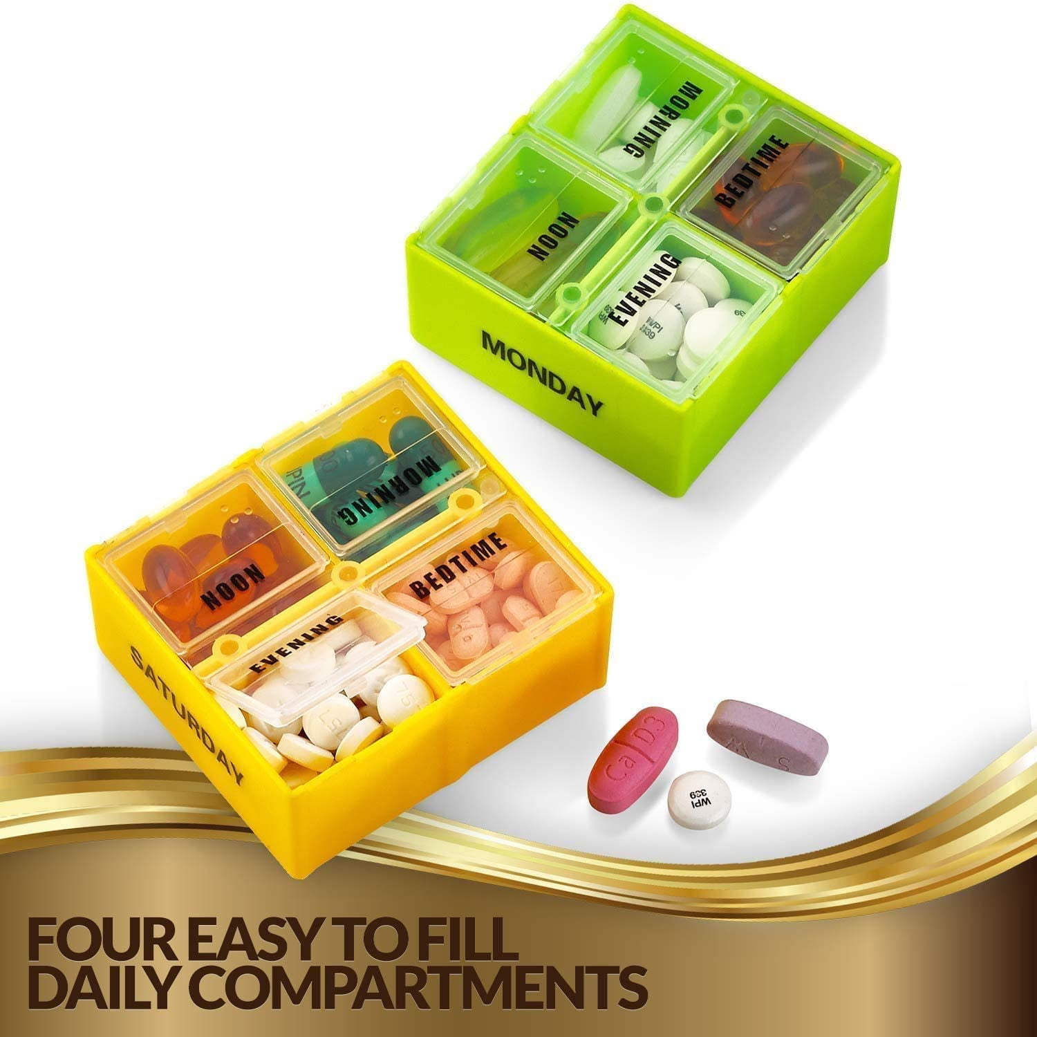 Large 7 Day Pill Planner Organizers Boxes Gold Leather Case -2 Pack by MEDca
