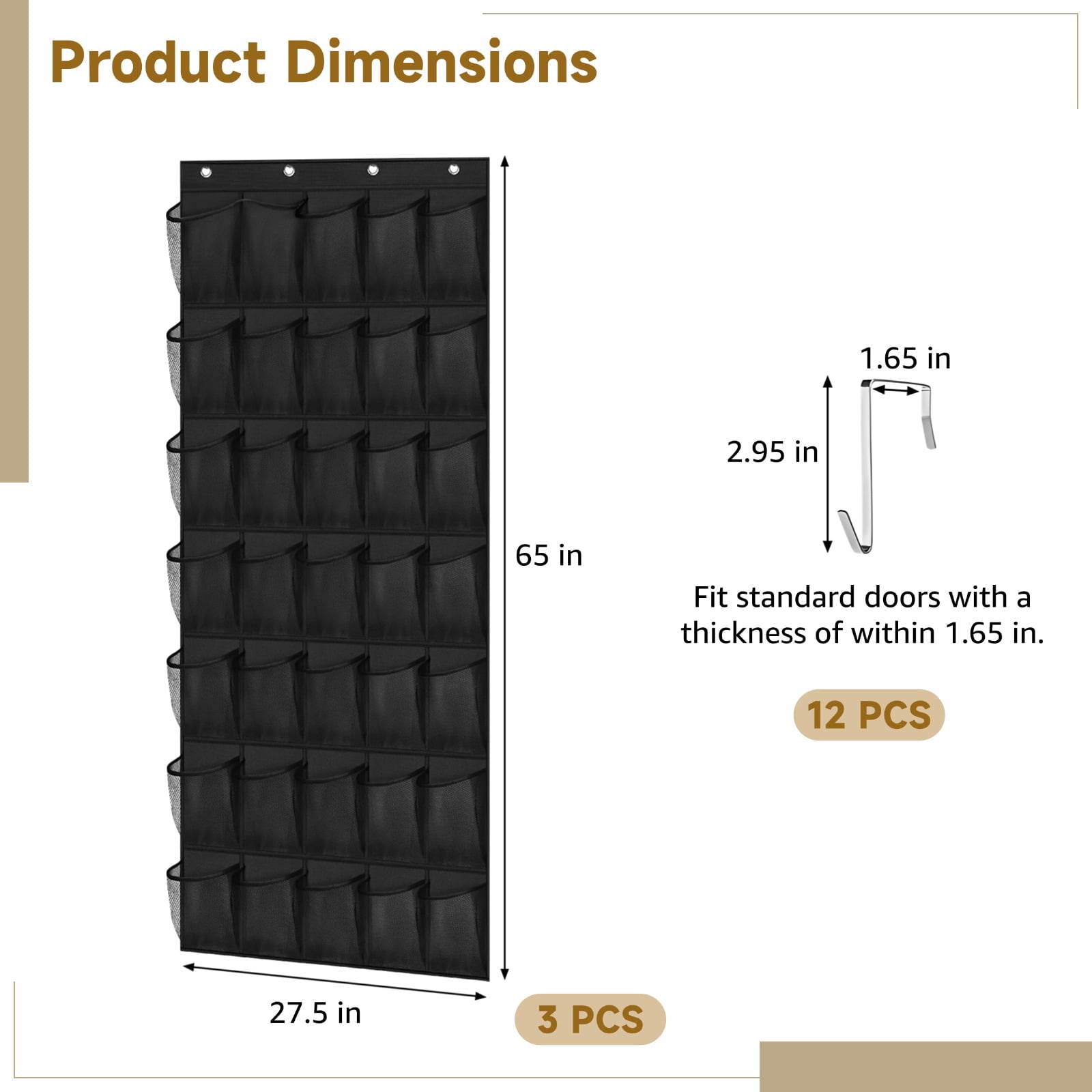 3 Pcs Over the Door Shoe Organizers, 35 Pockets Large Hanging Storage Bags, Space-saving Non-Woven Mesh Shoe Racks, Hanging Storage Holders for Shoes, Boots, 27.5×65", Fits Standard Doors