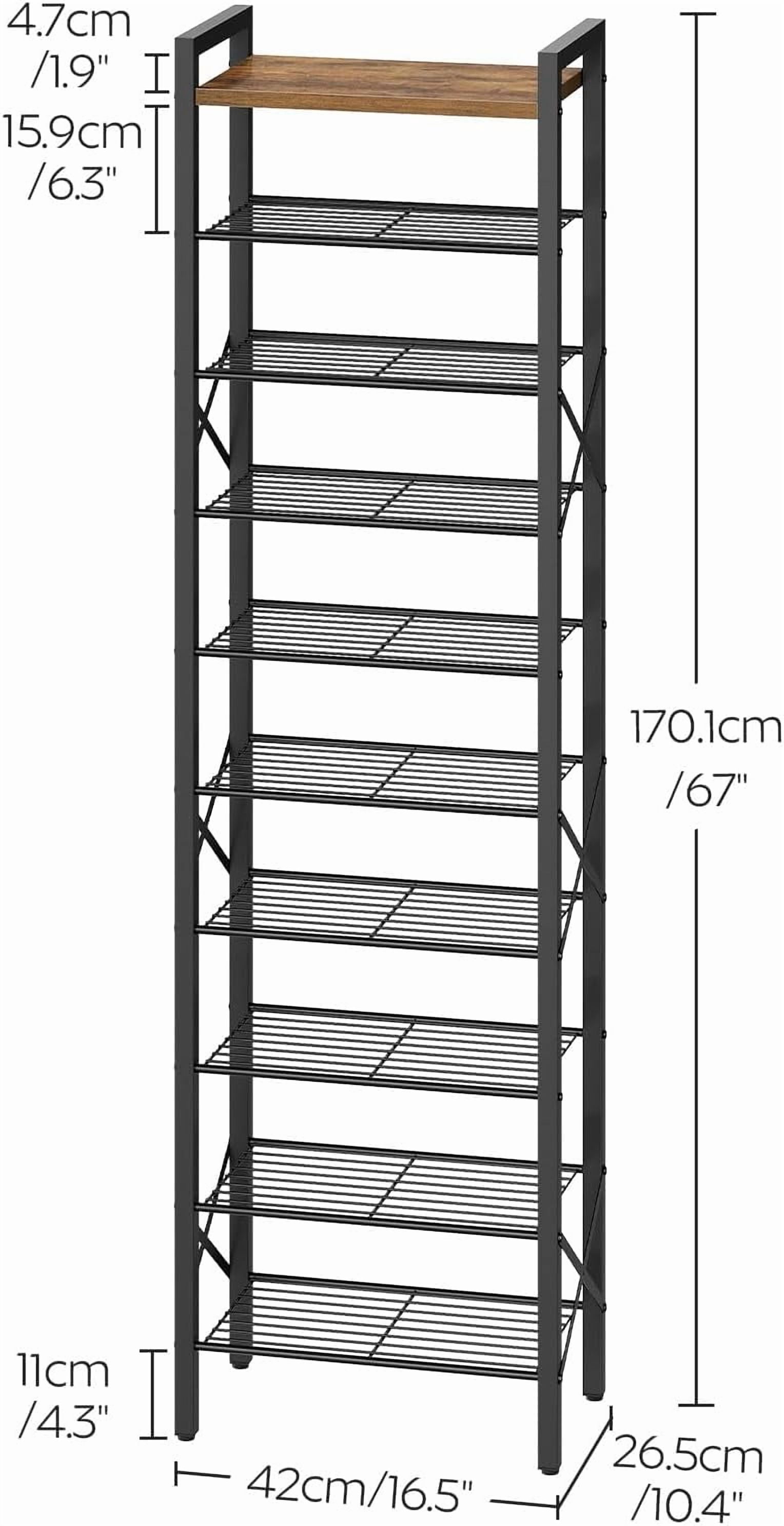 10-Tier Narrow Shoe Rack, Tall Shoe Rack for 10-20 Pairs, Slim Shoe Storage Organizer with Wooden Top, Space Saving, Metal Frame, for Entryway