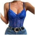 thumbnail image 5 of ERkkoi Womens Tops Casual Summer Shirts 2025 Trendy Floral Lace Sheer Mesh Corset Bodysuit Spaghetti Strap Comfy Women Blouses Work Outfits Blue M, 5 of 5