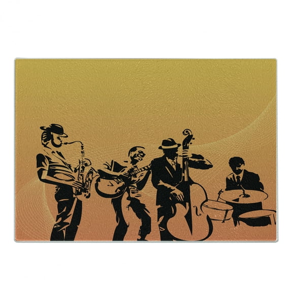Jazz Music Cutting Board, Silhouette of Jazz Quartet Performing on Stage Acoustic Passion Old Style Art, Decorative Tempered Glass Cutting and Serving Board, Small Size, Mustard Black, by Ambesonne