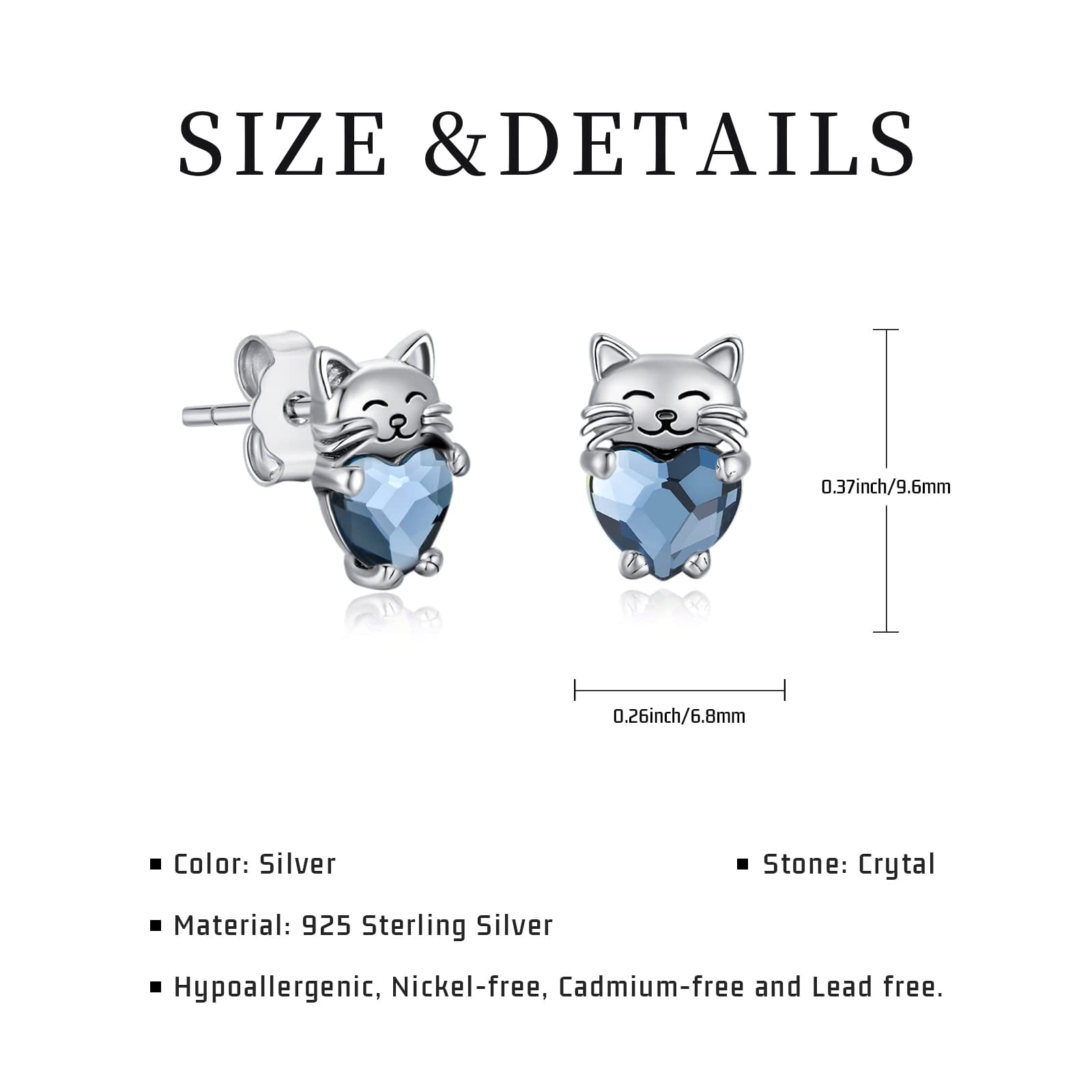 Midir&Etain Cat Love Earrings 925 Sterling Silver Cat Earrings Cute Animal Little Cat Earrings Cat Jewelry Gifts Women's Allergic Earrings Suitable for Sensitive Ears（Blue）
