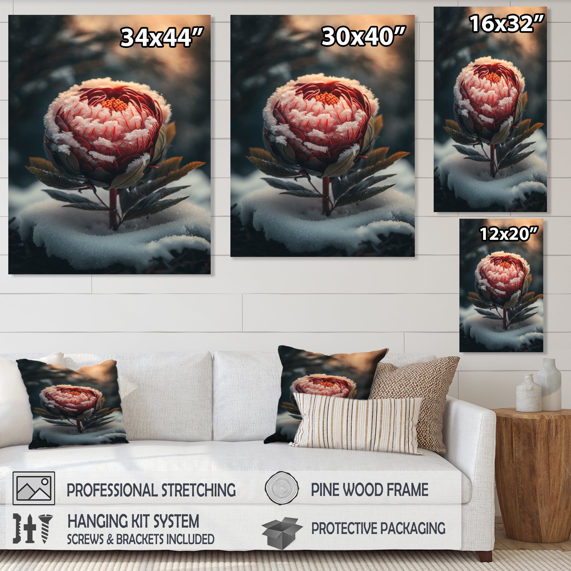 Designart A Blooming Red Peony Flower In Winter I Canvas Wall Art