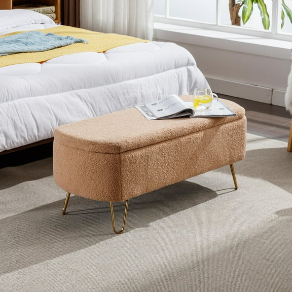 Camel Faux Fur Storage Ottoman Bench with Gold Legs, Upholstered End of Bed Bench with Hidden Storage, Modern Entryway Seating for Bedroom Living Room