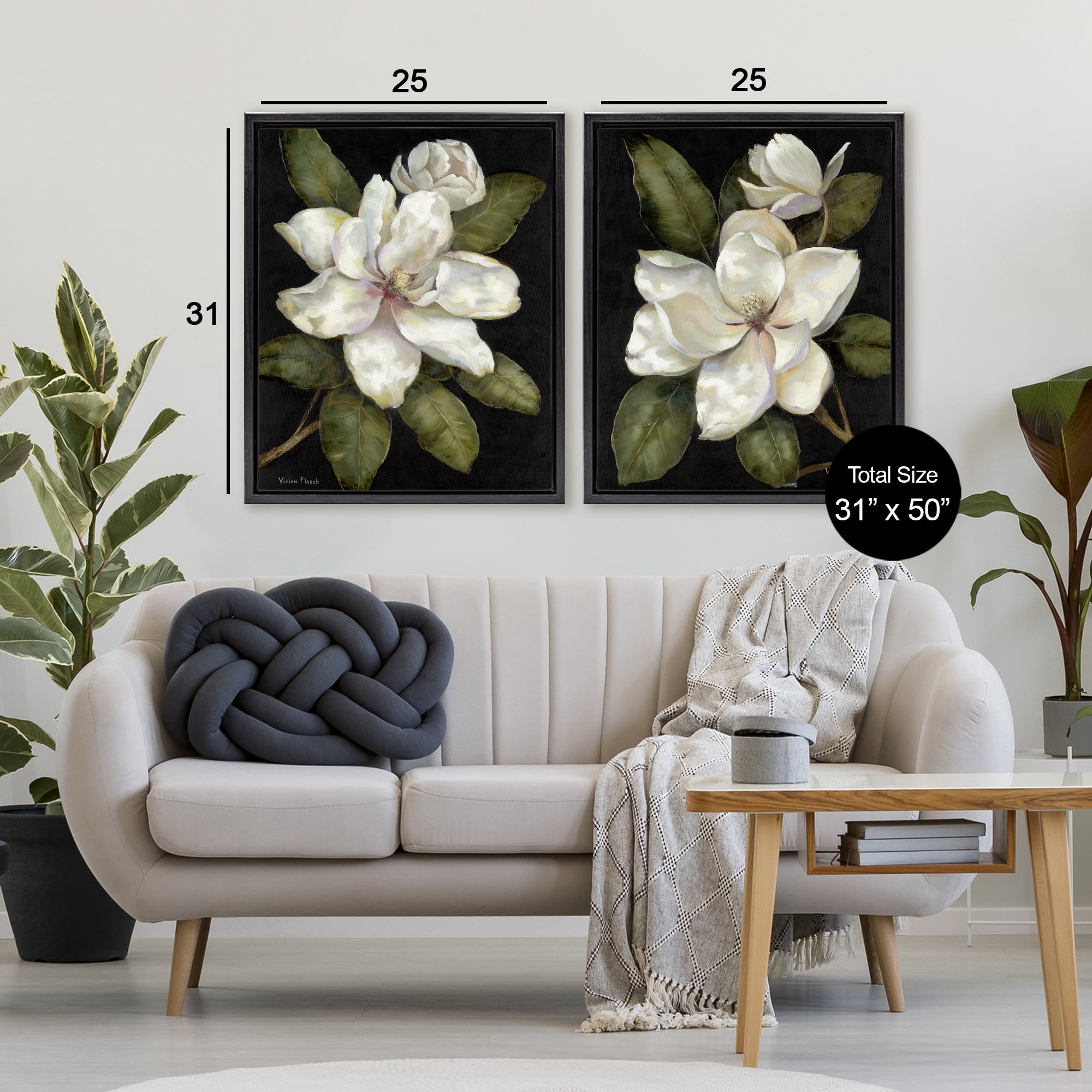 Stupell Industries Magnolia Buds & Blooms 2 Piece Black Framed Floater Canvas Set, design by Nan