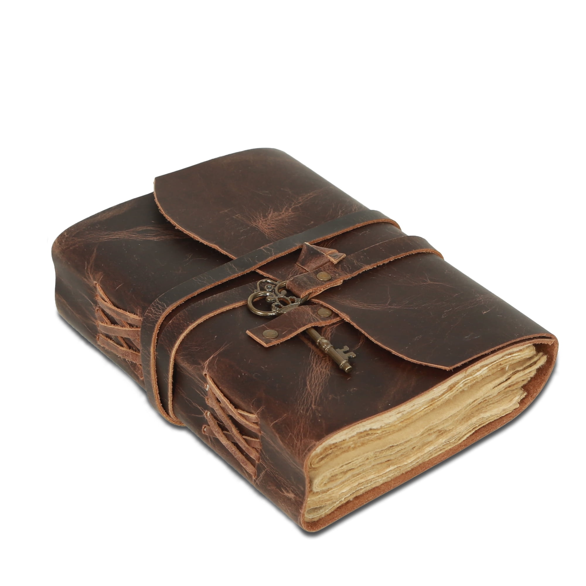 Handmade Leather Journal 9 x 6 Inch – Lined Deckle Edge Paper Notebook with Vintage Key Closure for Men and Women