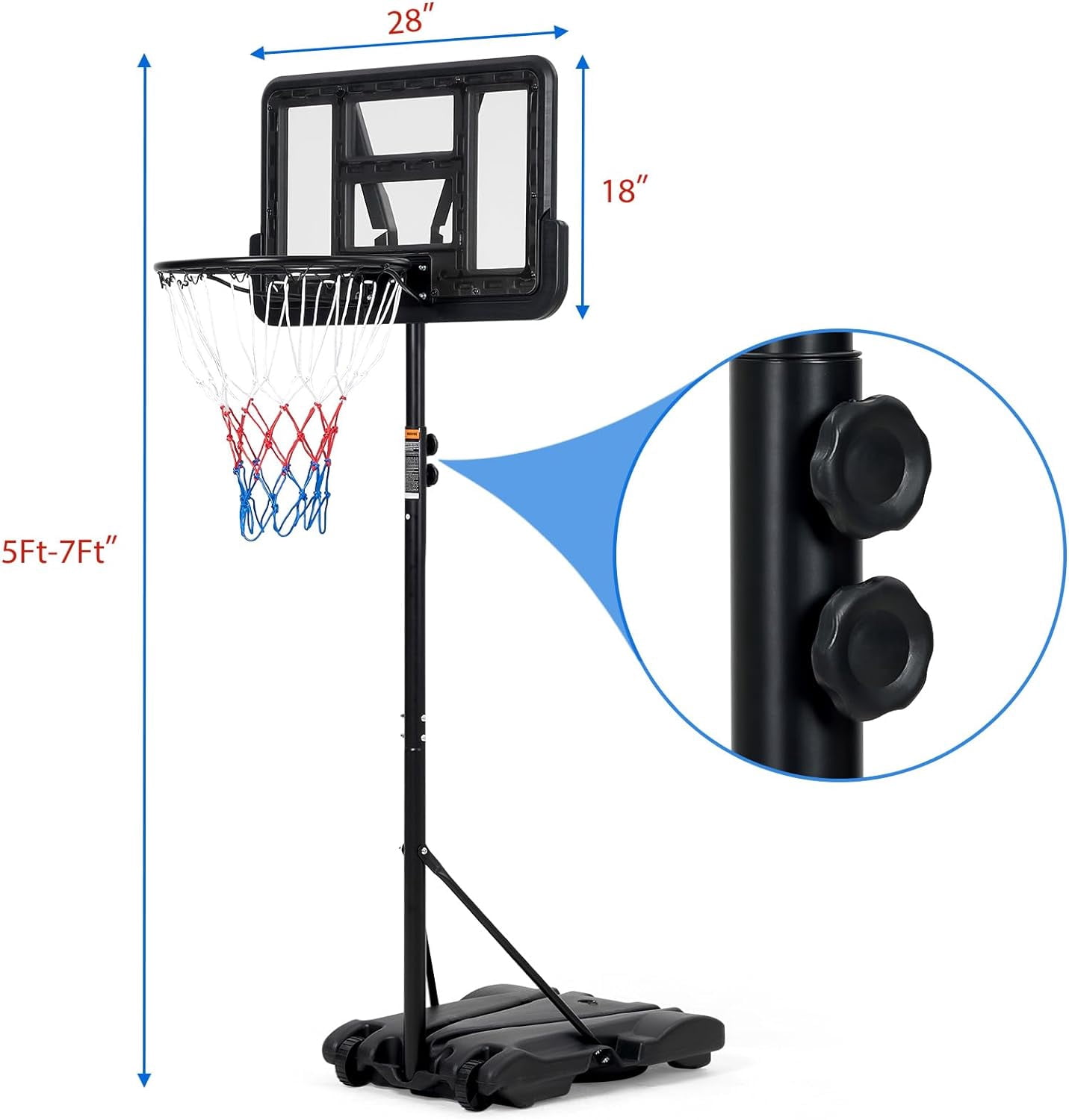 Lumiparty Kids Portable Basketball Hoop, Adjustable Height 5-7 FT, 28" Poolside Swimming Basketball Goal, for Indoor Outdoor, Black