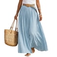thumbnail image 2 of Womens Linen Maxi Skirts Summer Boho Solid Beach Elastic High Waist Pleated A-Line Flowy Swing Long Maxi Skirts, 2 of 7