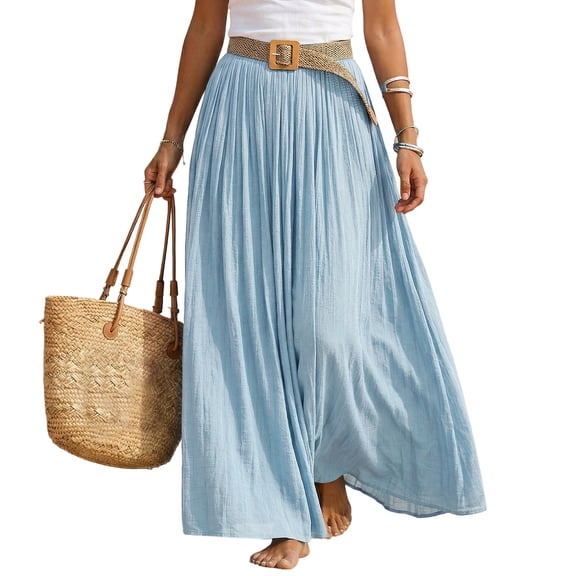 Women's Cotton Linen Swing Long Skirt Elastic Waist Flowing Maxi Crinkled Skirt Retro Casual Layered Pleated Flowy Long Maxi Skirts With Belt Light XL