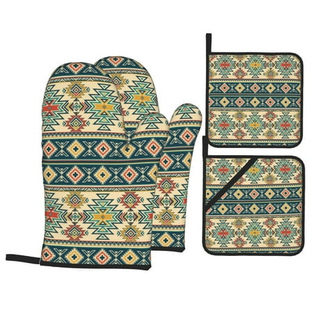 

Oven Mitts and Pot Holders 4 pcs Set Traditional Tribal Aztec1 Heat Resistant Pot Holders Oven Mitts for kitchen Non-Slip Hanging Loop Oven Glove Potholders for Baking Cooking