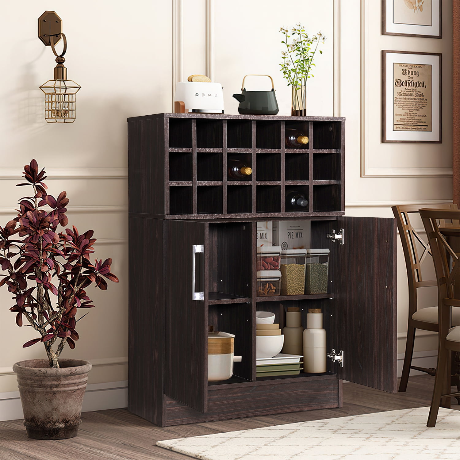 Kadyn Modern Wine Rack Bar Cabinet, Fiberboard Wine Bar Cabinet for Home Bar, Mid Century Bar Cabinet with Storage Space, Walnut