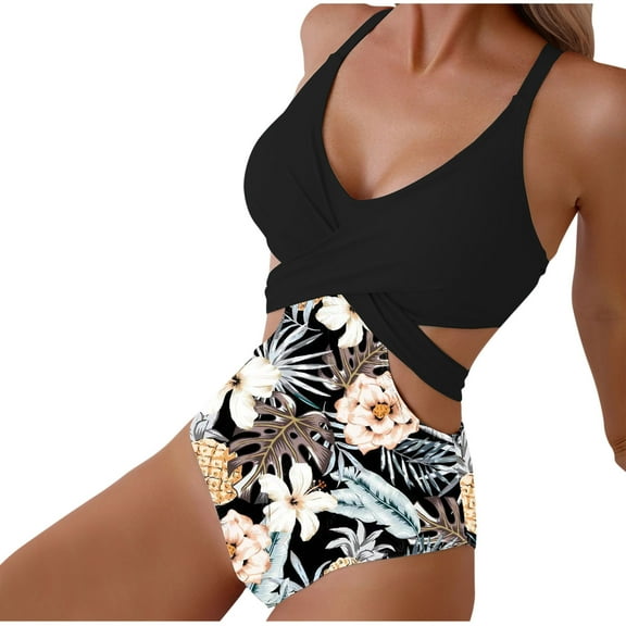 Women's One Piece Swimsuit Tummy Control Slimming Bathing Suit Cutout Tropical Printed Swimwear