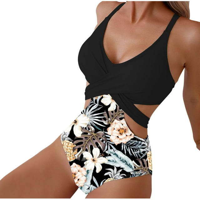 Traje de Baño de Bikini de Mujer Impreso Encaje Hueco Hasta un Bikini Sexy, Traje de Baño de Corte Alto para la Playa Y la Piscina