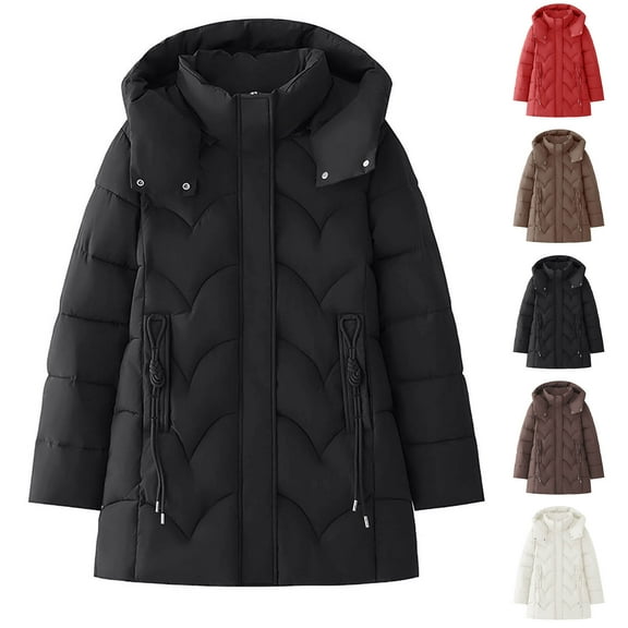 Fewfanhot Women's Clothing Mid-Length Padded Jacket Solid Color Hooded Stylish and Elegant Padded Warm Jacket
