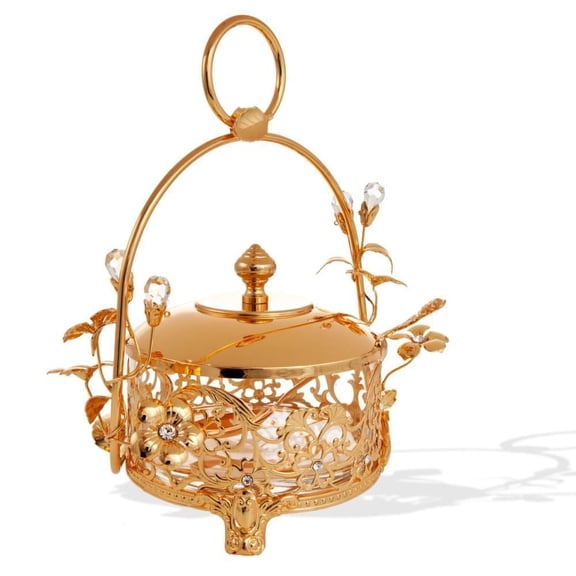 Matashi 24K Gold Plated Crystal Studded Honey Candy Dish with Rose Accents and Serving Spoon 2-Piece Set
