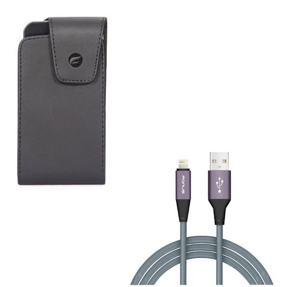 6ft USB Cable w Case Belt Clip for iPhone 8/7/6S/6 - Charger Cord Power Wire Braided Long, Leather Swivel Holster Vertical Cover for iPhone 8/7/6S/6 Models